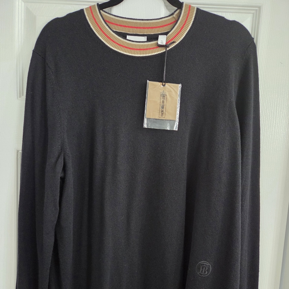 Burberry Black Stripe Cashmere Collar Sweater. Size XL